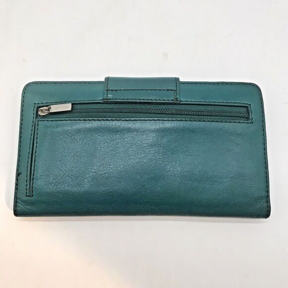 Fossil  Pebbled Leather Wallet Teal Green Bi-fold Zipper Pocket ID CC Cash Snaps - Picture 5 of 11